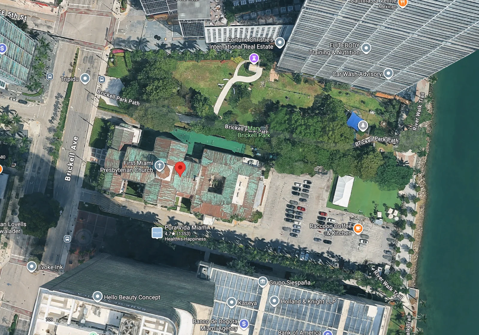 Aerial map showing First Miami Presbyterian Church, nearby parking, waterfront, and the area labeled Mary Brickell Park