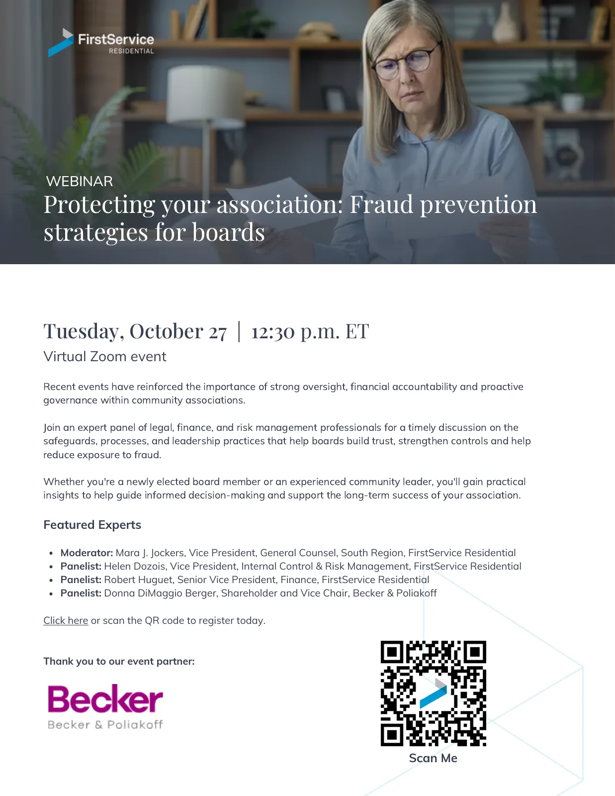 FirstService Residential webinar flyer: Protecting Your Association, Fraud Prevention Strategies for Boards, Tuesday, October 27 at 12:30 PM Eastern on Zoom, with event partner Becker & Poliakoff