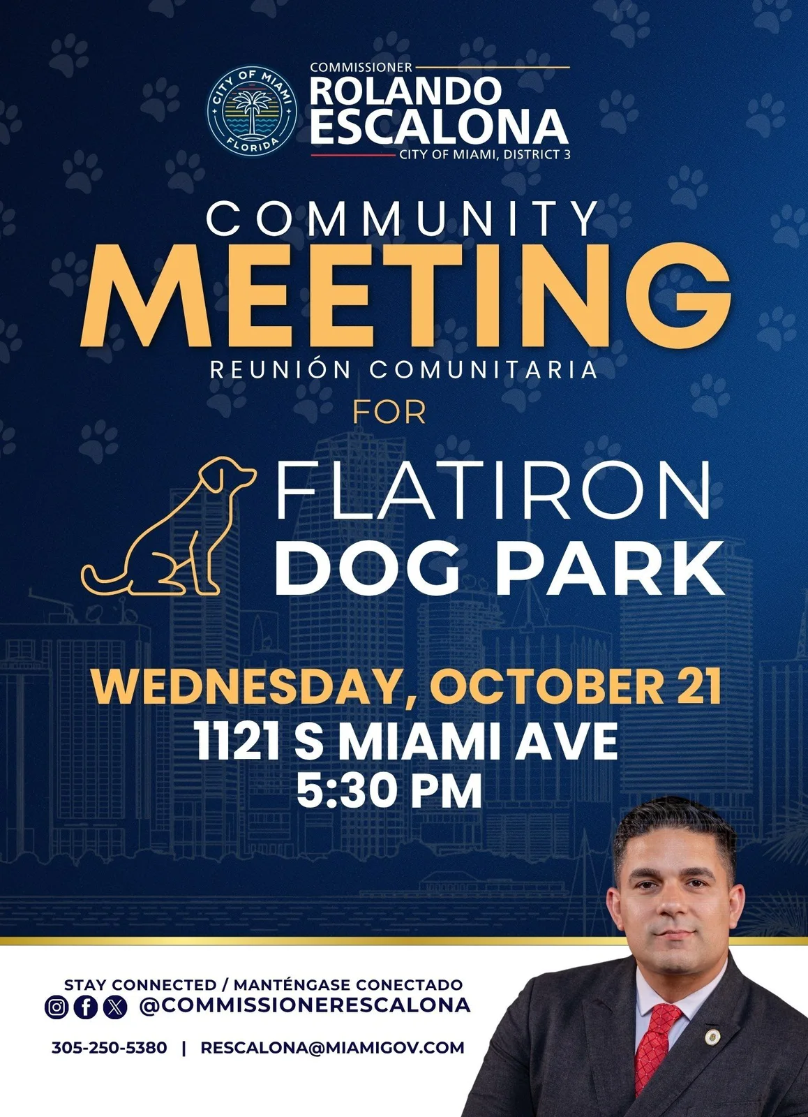 Commissioner Rolando Escalona community meeting flyer for Flatiron Dog Park: Wednesday, October 21 at 5:30 PM at 1121 S Miami Ave