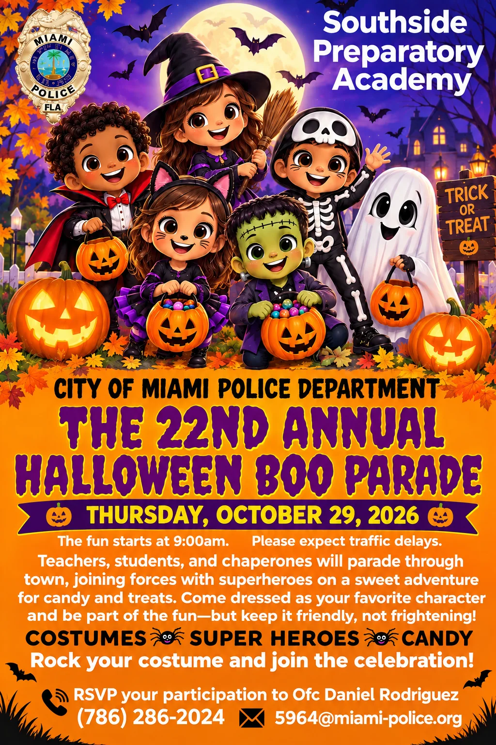 City of Miami Police Department 22nd Annual Halloween Boo Parade with Southside Preparatory Academy, Thursday, October 29, 2026 at 9:00 AM, with costumes, superheroes, and candy