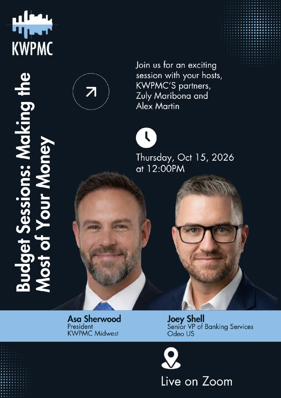 KWPMC Budget Sessions: Making the Most of Your Money webinar flyer featuring Asa Sherwood and Joey Shell, October 15, 2026 at noon, live on Zoom