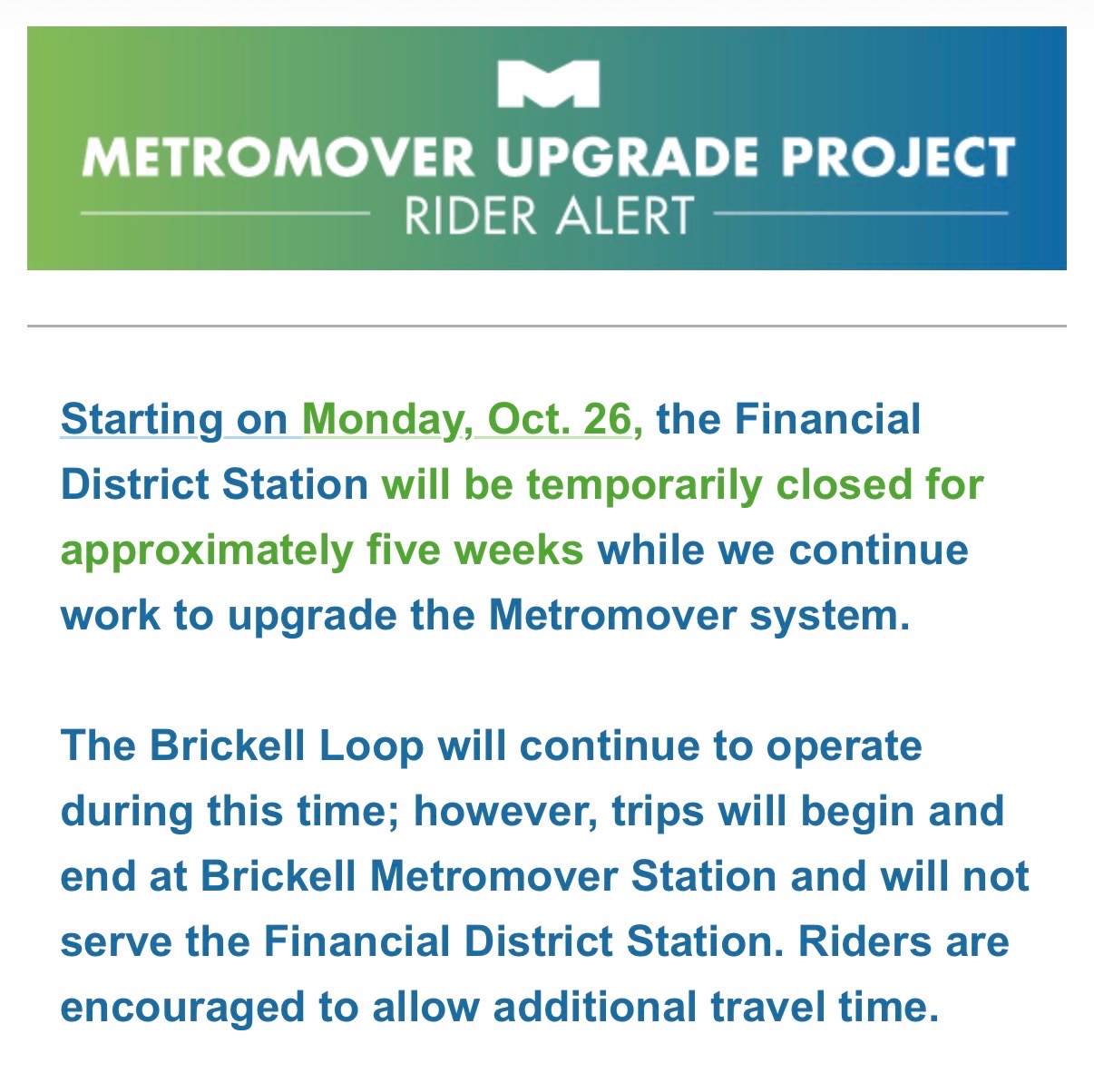 Miami-Dade County Financial District Metromover station closure notice