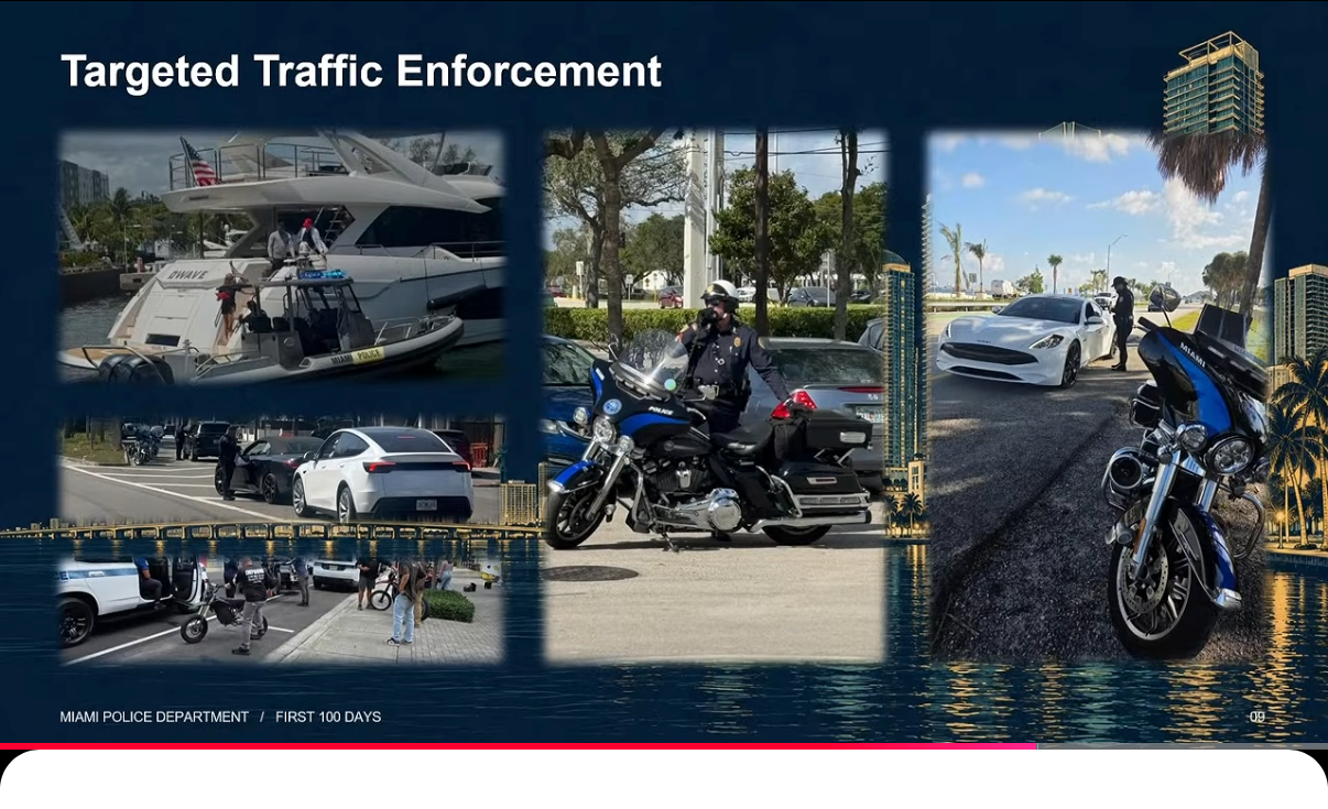 Miami PD presentation slide showing marine and motorcycle traffic enforcement operations