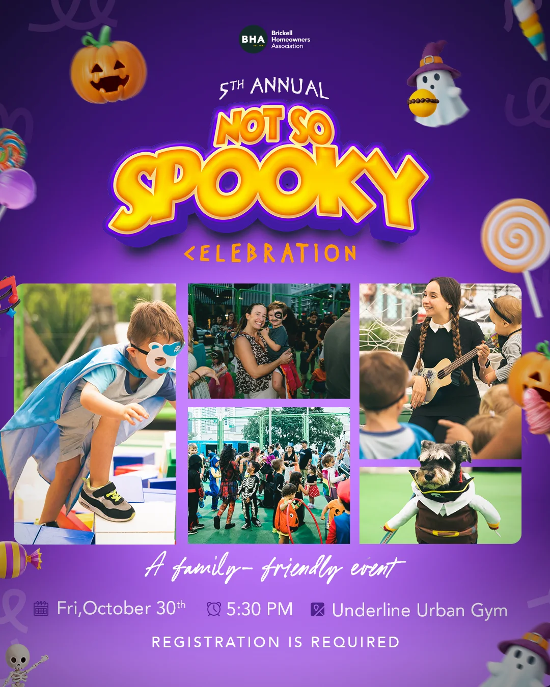 BHA’s 5th Annual Not So Spooky Celebration artwork with cheerful pumpkins, ghosts, candy, and families in costume