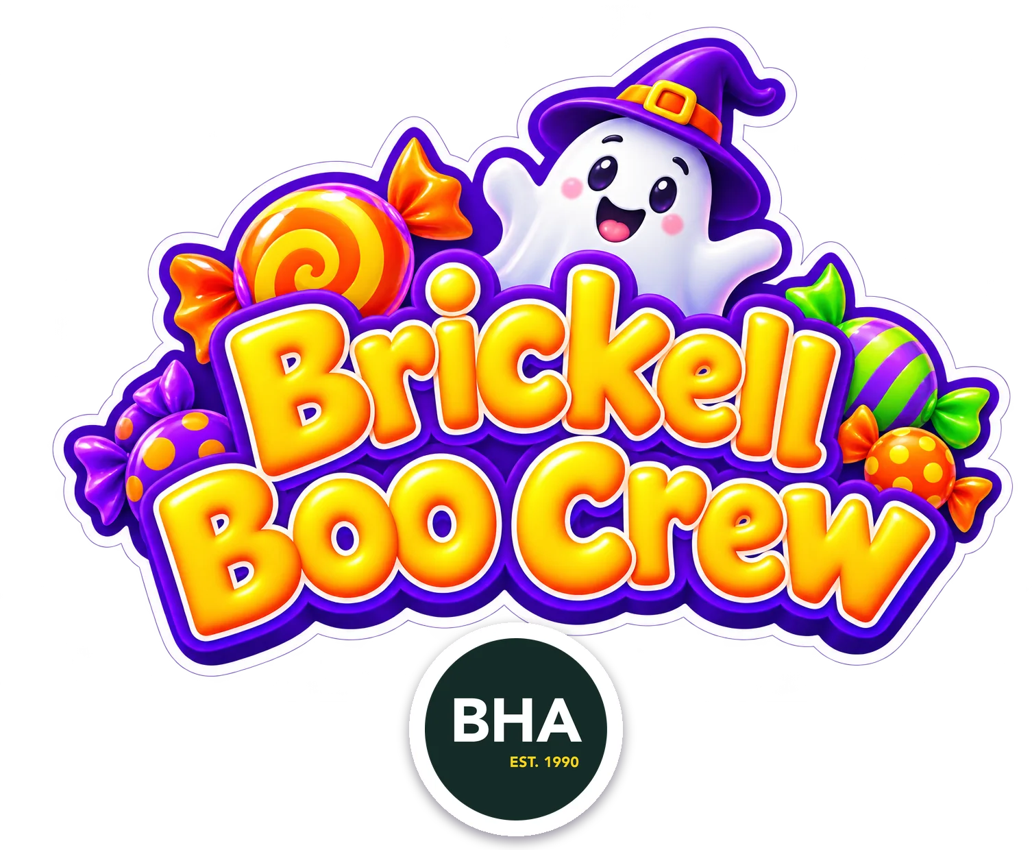 Friendly ghost and colorful candy with Brickell Boo Crew lettering