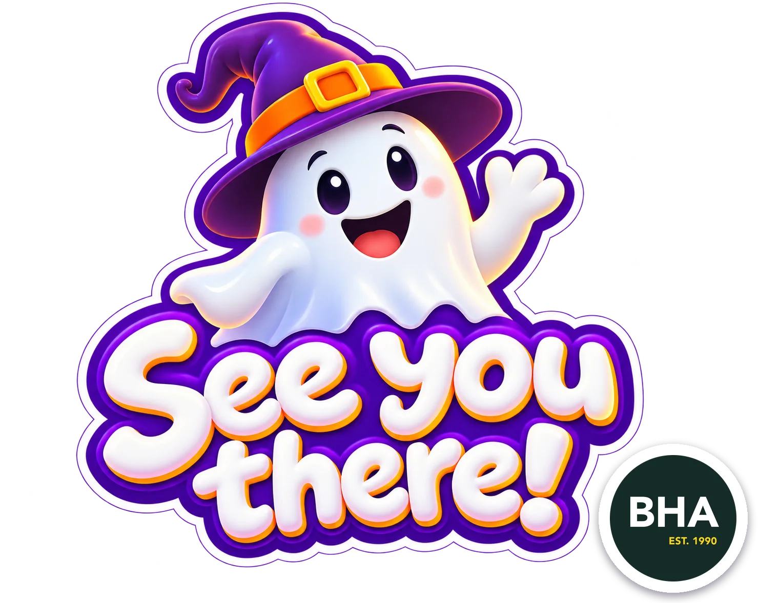 Smiling ghost in a purple hat with See you there lettering