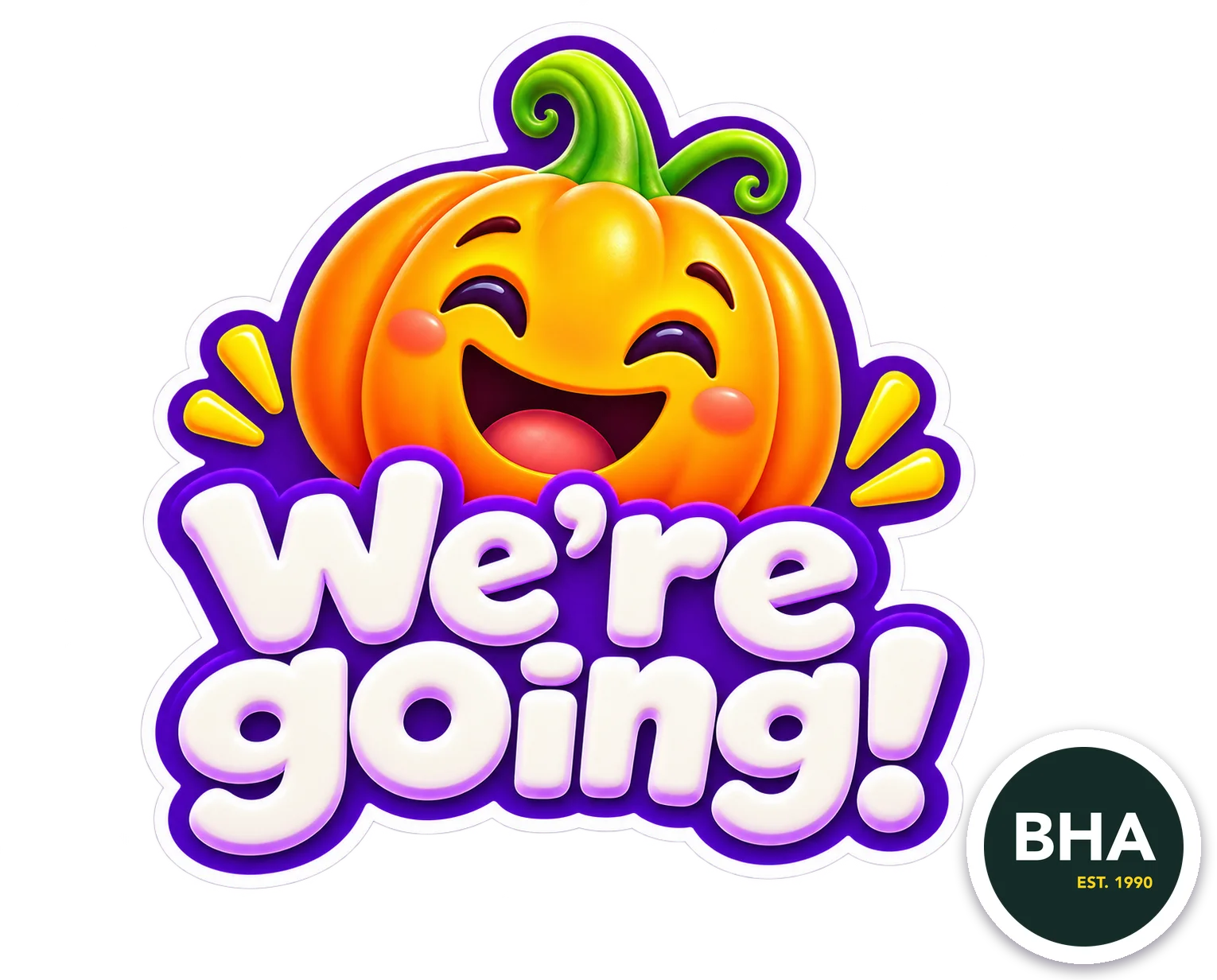 Smiling pumpkin with We’re going lettering