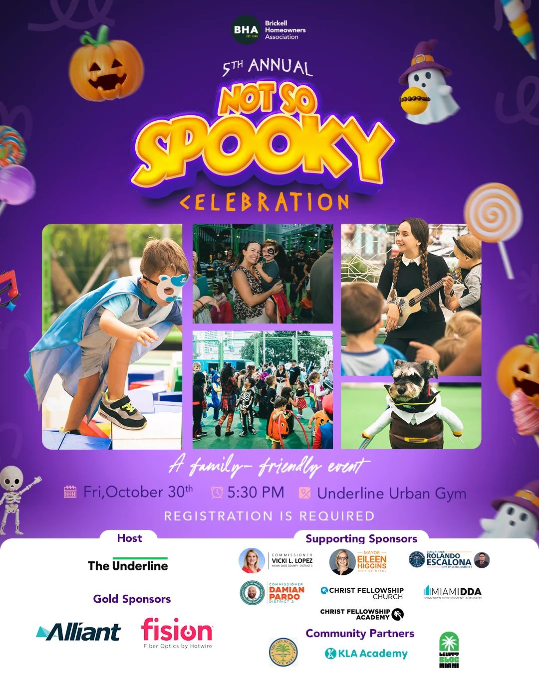 BHA’s 5th Annual Not So Spooky Celebration artwork with cheerful pumpkins, ghosts, candy, and families in costume