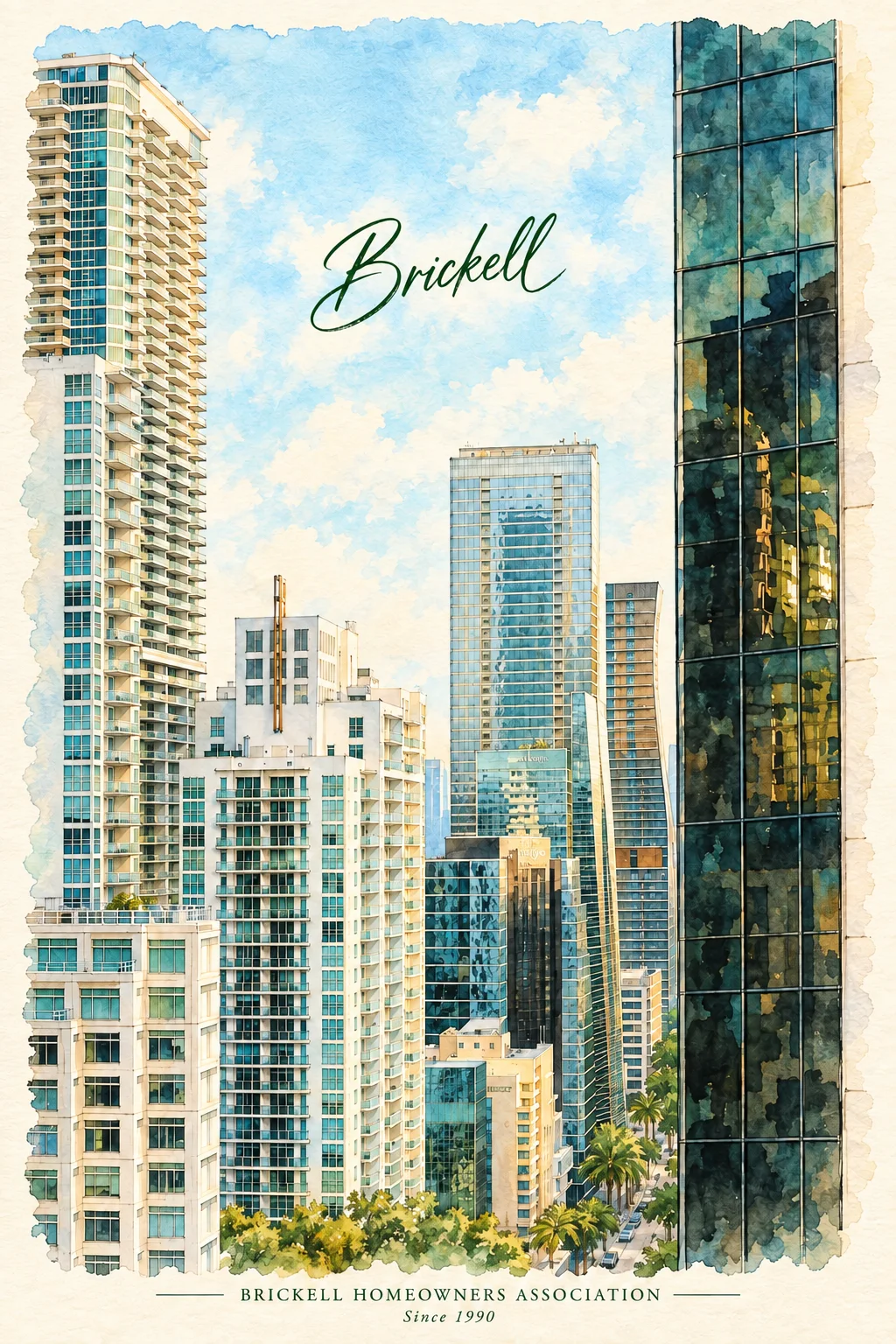 Brickell city view watercolor with handwritten Brickell title and BHA branding