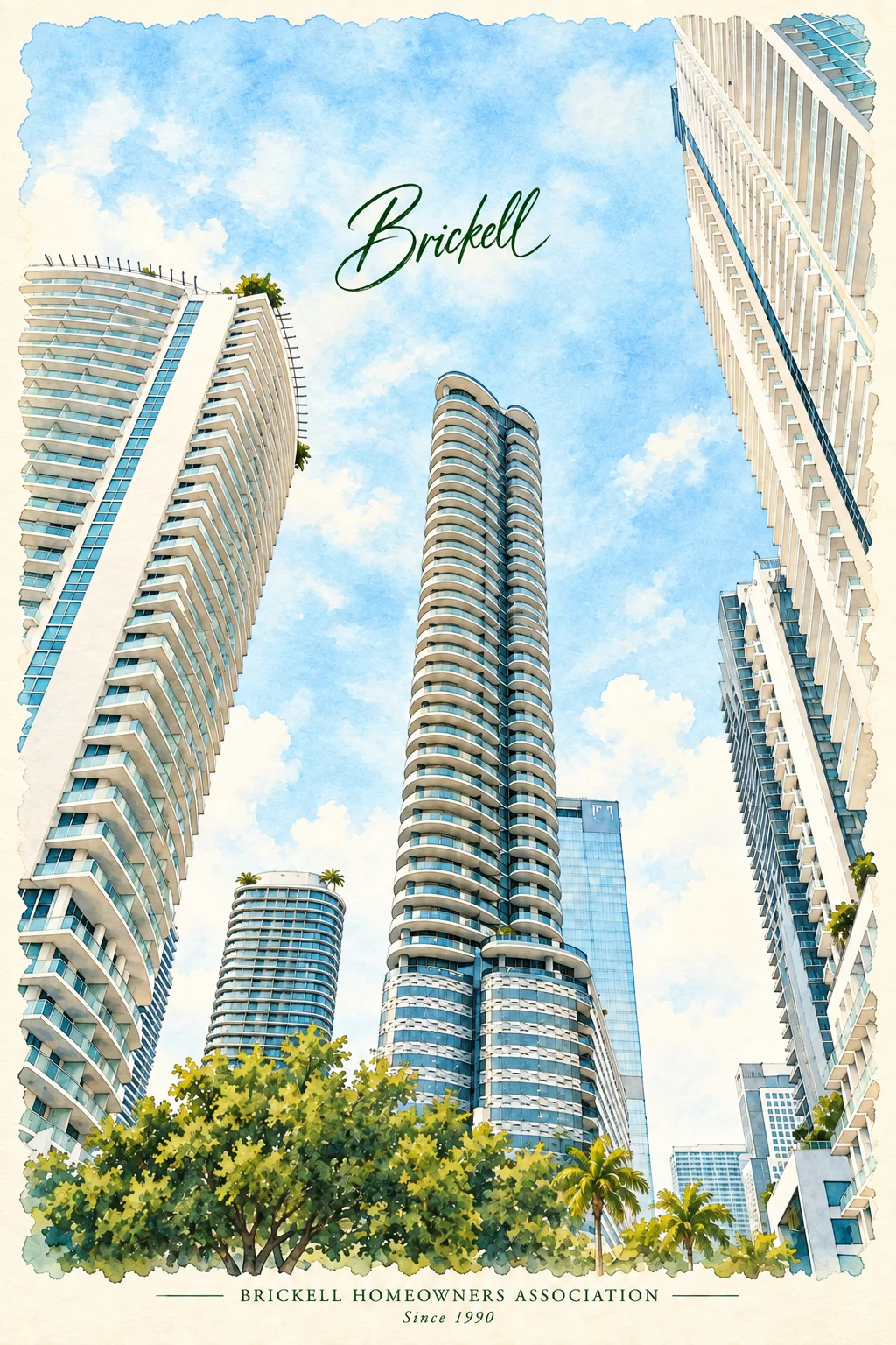 Looking up in Brickell watercolor with handwritten Brickell title and BHA branding