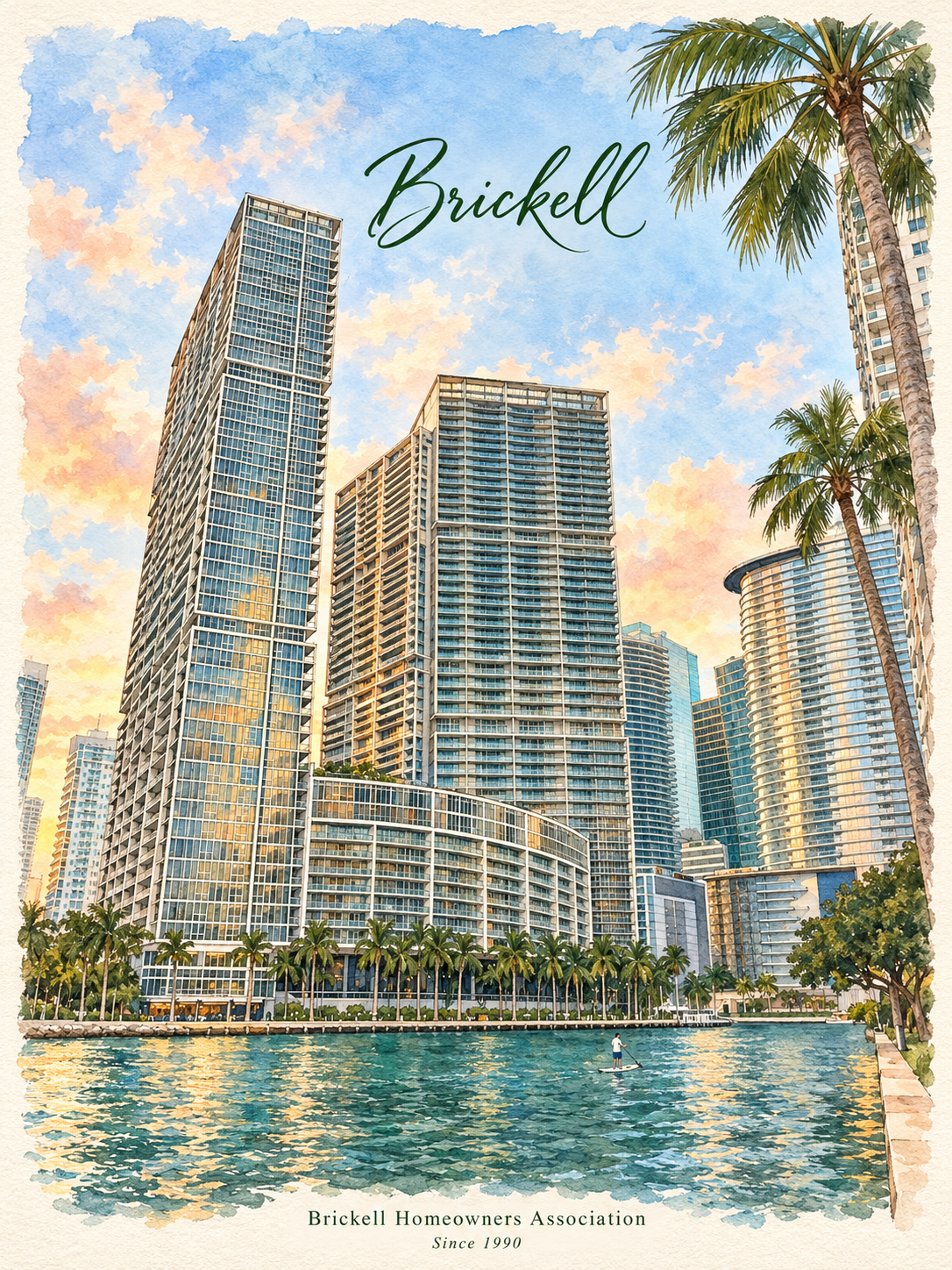 Brickell riverfront watercolor with palm trees, handwritten Brickell title, and Brickell Homeowners Association branding