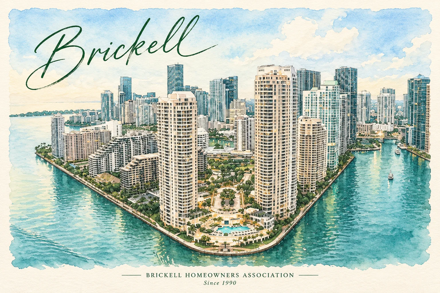 Brickell waterfront watercolor with handwritten Brickell title and BHA branding